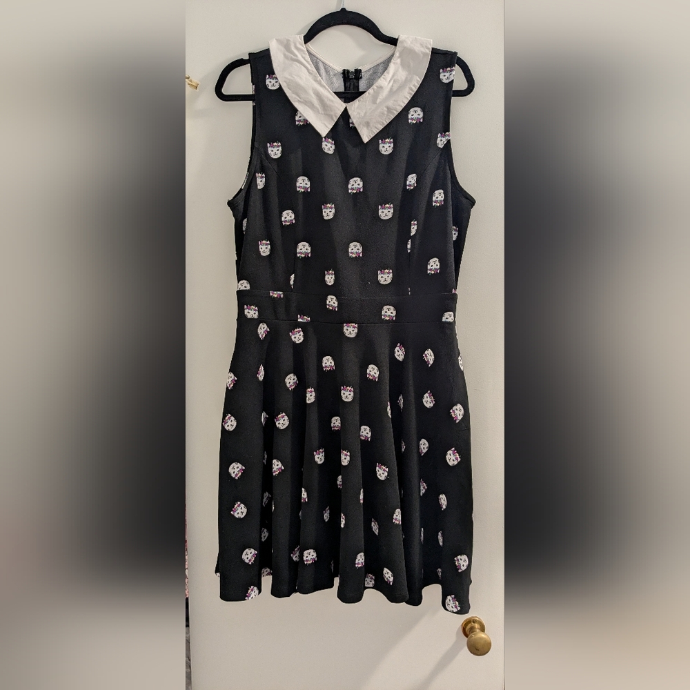 Unique Vintage Black Cat Print Dress With Collar Size 1X/16